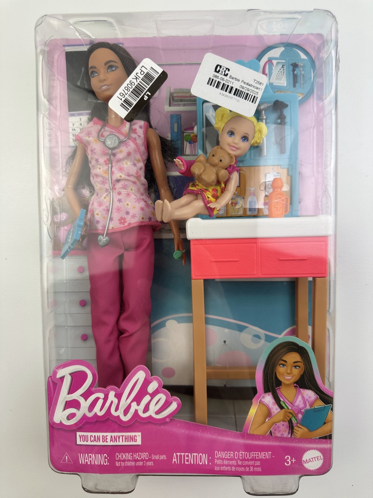 Barbie Pediatrician Doll Doctor & Small Doll Patient Playset Pink Scrub Age 3+