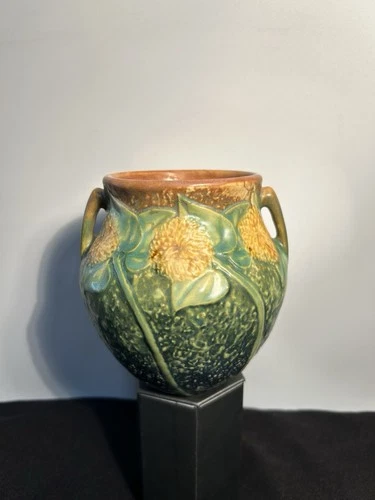 Roseville Sunflower Vase 513-5 Double Handle Art Pottery c1930 Green