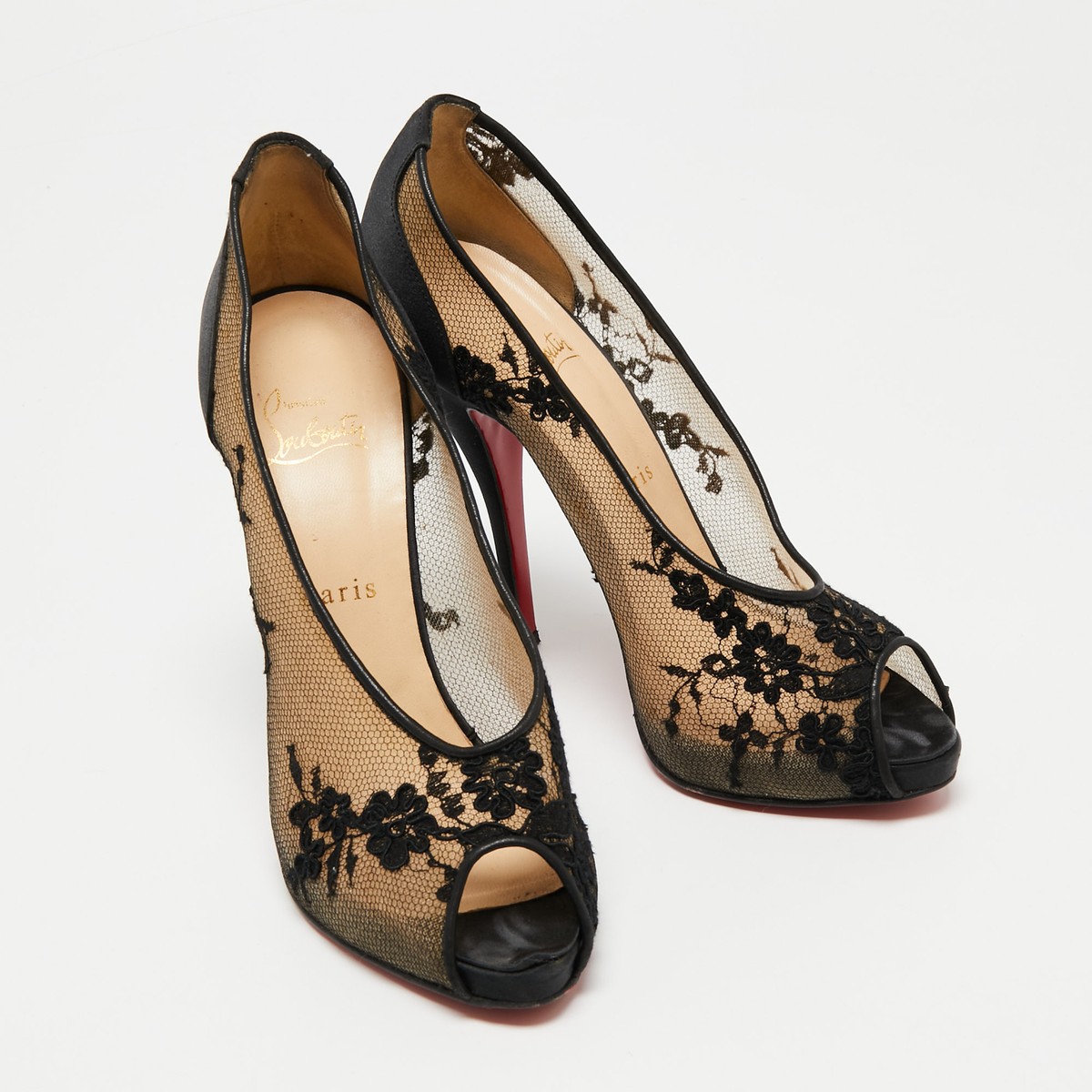Christian Louboutin Black Lace and Satin Fetilo Peep-Toe Christian Louboutin Black Lace and Satin Fetilo Peep-Toe