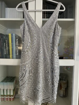 Basix Black LABEL Silver Beaded Sequin Double Linned Party Dress Size 6 EUC
