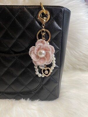 Camellia flower Key Ring Bag Charm Keychain Faux Pearl Pink Handmade Accessories