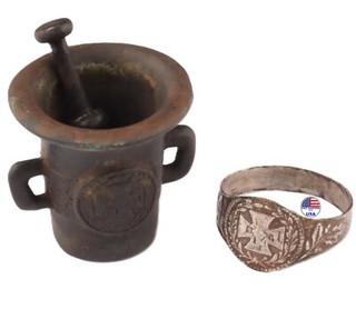 German WW1 Mortar and pestle Kitchen Laboratory Pharmacy Iron cross Ring 1914 WW
