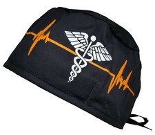 Scrub Cap Nurse Scrubs Hat Nursing Doctor Surgical Cardiologist Blk Caduceus EKG