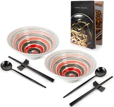 Ramen Bowl Set with Recipe Book - 2 Sets (9 Pieces) of Ceramic Bowls