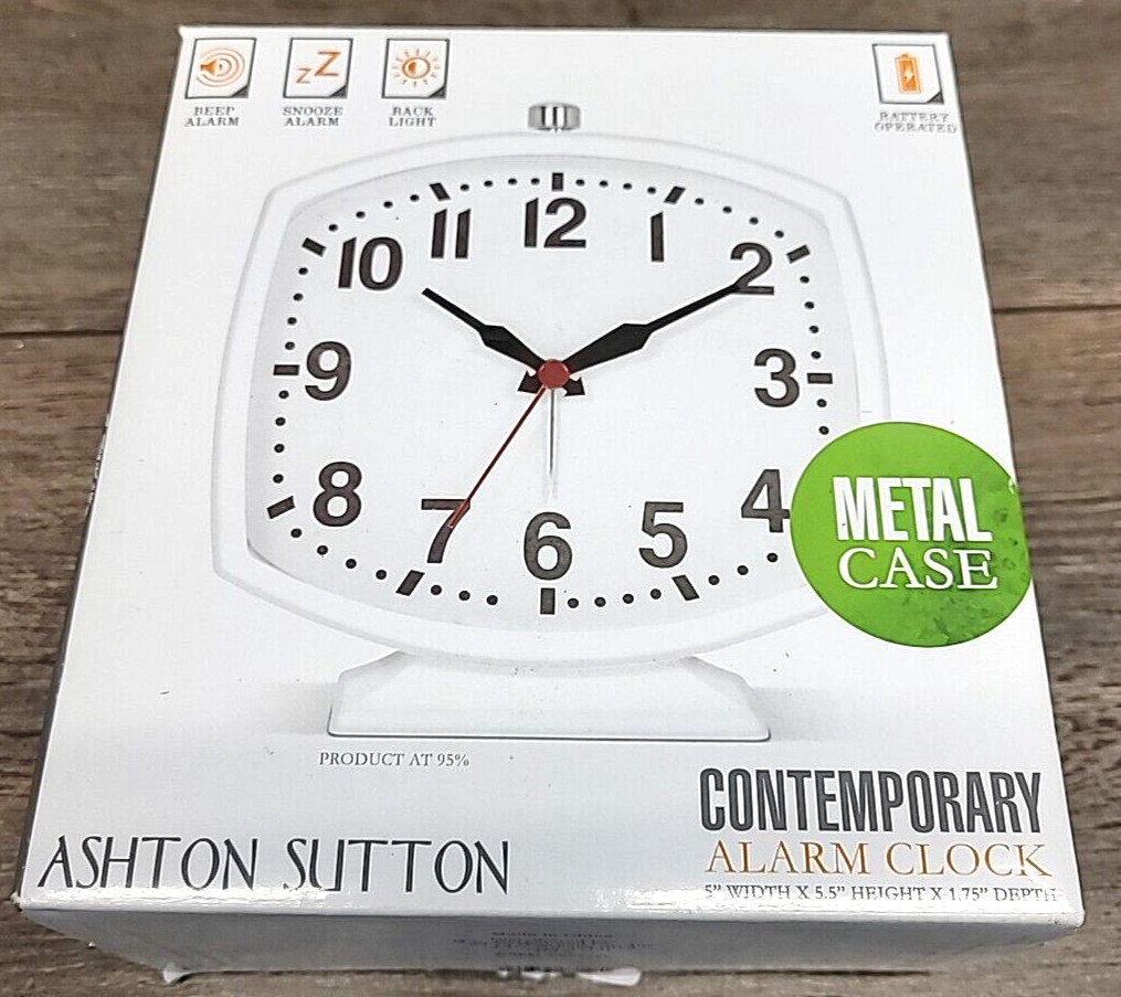 Ashton Sutton Metal Case Contemporary 5 Inch Alarm Clock White
