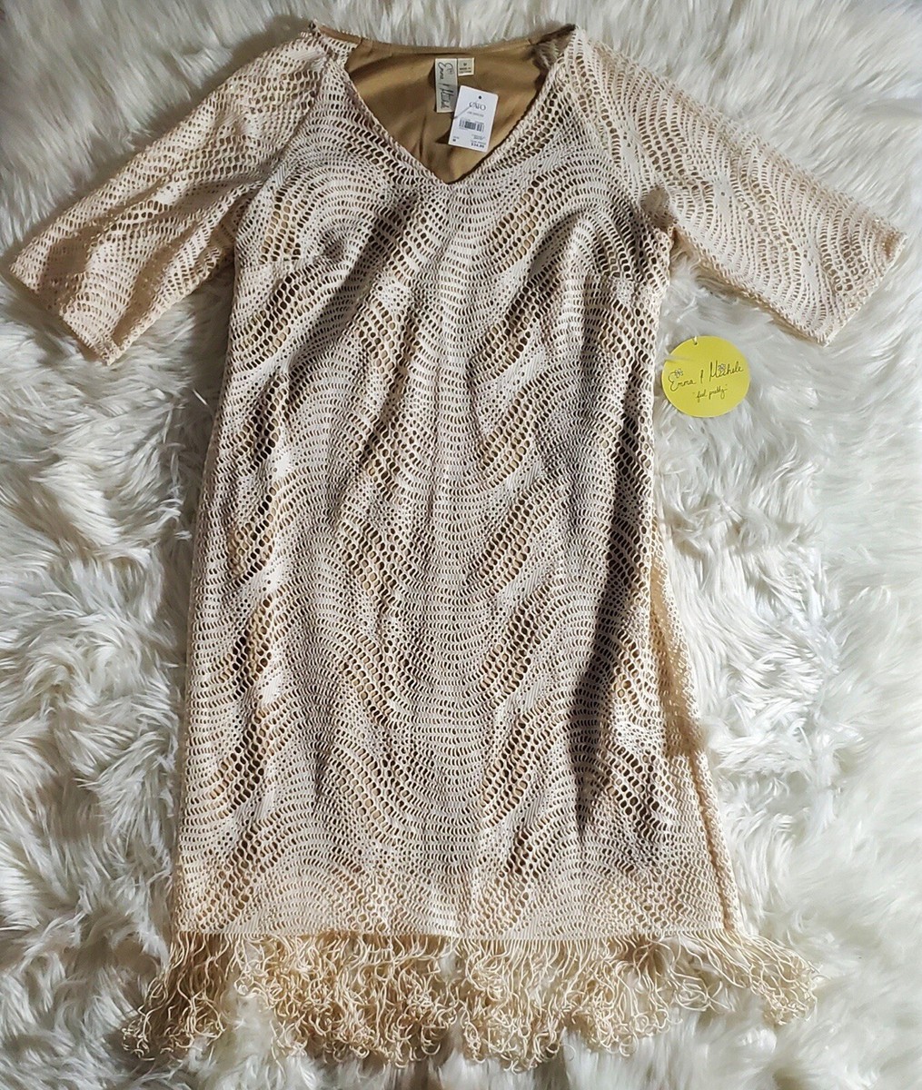 EMMA & MICHELE Womens Medium Ivory Beige Lined Open Weave Crochet Fringe Dress