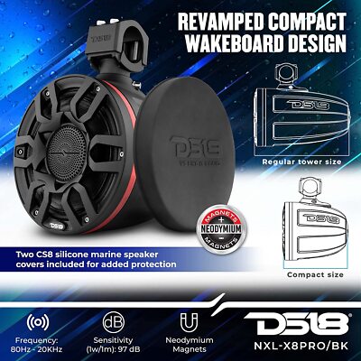 Pair DS18 NXL-X8PRO 8'' 500W Marine Wake Tower Pod Speakers RGB LED Black Covers
