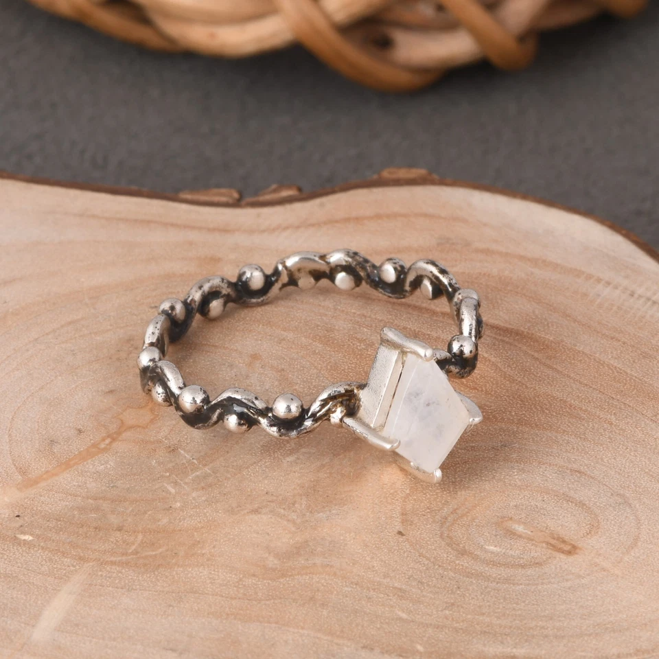 Moonstone Wave Band Ring Engagement 925 Sterling Silver Rings For Gift Her - Image 3 of 4