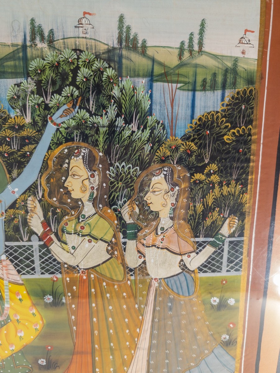 インドオールド 板絵 Vintage 20th Century Indian Painting on Silk With Figures