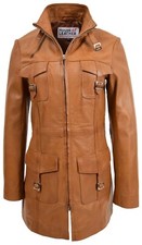 Womens Real Leather Coat Mid Length Dual Zip Fastening Funnel Neck Kendall Tan