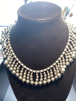 Vintage Unsigned  Miriam Haskell Necklace Bib Dangling Grey Pearls Rhinestones