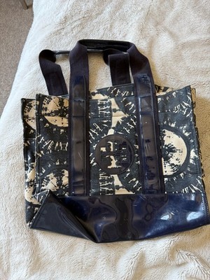 Tory Burch Navy Cream Printed Canvas Tote Bag Patent Trim Logo