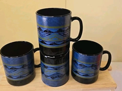 Set of  4 Arcoroc Coffee Cups/ Mugs Yucatan Cobalt Blue Vintage Made In France