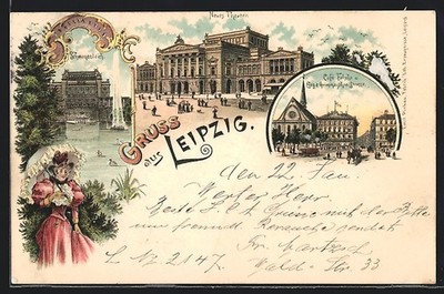 Lithographie Leipzig, Neuse Theater, Schwanenteich, Cafe Felch 1899 