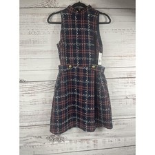 Alena Admor Dress Womens 4 Blue Plaid Tweed Mock Neck Fit Flare Sleeveless Work