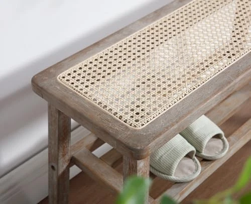 Rattan Dining Storage Bench Solid Wood Legs Ottoman Seat Entryway Hallway - Image 2 of 4