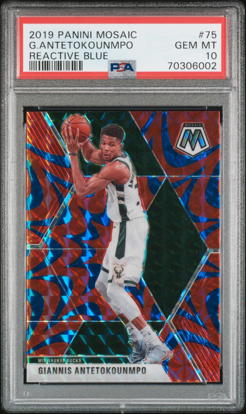 2019-20 Panini Mosaic Giannis Antetokounmpo 75 Reactive Blue PSA 10 Bucks Greece