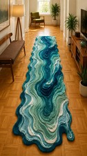 Hand tufted Blue Abstract Runner Rug, Ocean Wave Area Rug, Hallway Carpet 2x10