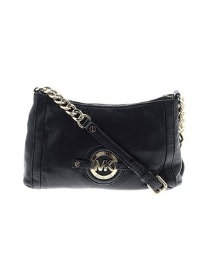 Authentic Michael Kors Black Leather Crossbody Shoulder Bag Gold MK Logo