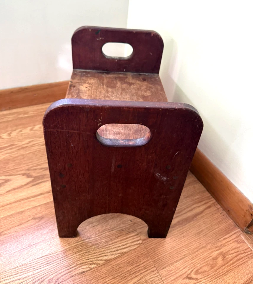 Rustic Primitive Wooden Stool Small Bench Handles - Image 3 of 4