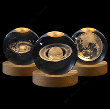 1pcs 3D Crystal Ball Galaxy Night Light - Wooden Base, USB Powered Bedside Lamp