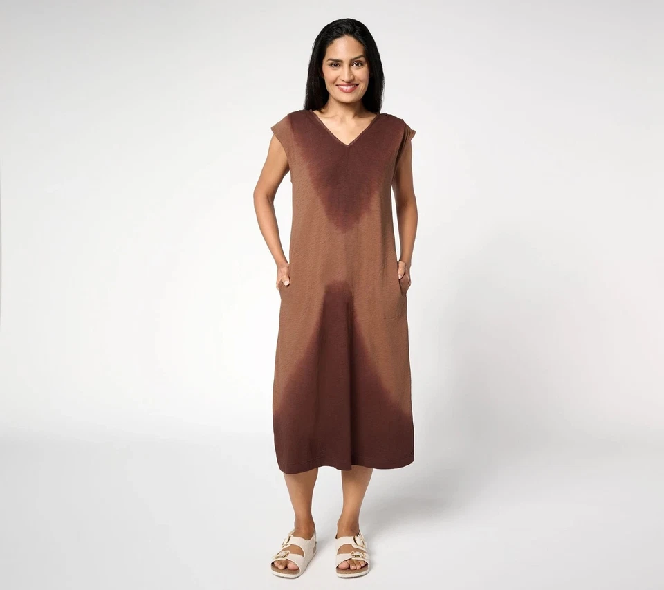 LOGO by Lori Goldstein Petite 100% Cotton Tie Dye Midi Dress Tiramisu L New - Image 1 of 1