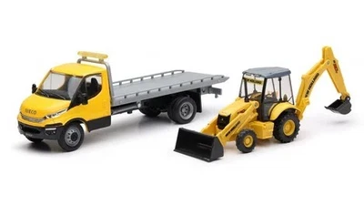 NEWRAY - Tractopelle NEW HOLLAND B100C avec camion porte véhicule IVECO - - ... - Photo 1/2