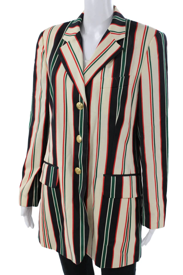 Blazer Escada Sport Mujer Años 90 Lana Rayas Beige Cuello Botón Talla 38 Foto 3 de 4