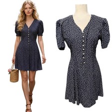 Vtg 90s Womens M Jr 7 Dress Pin up Navy Blue Polka Dot Pin Up Coquette Cottage