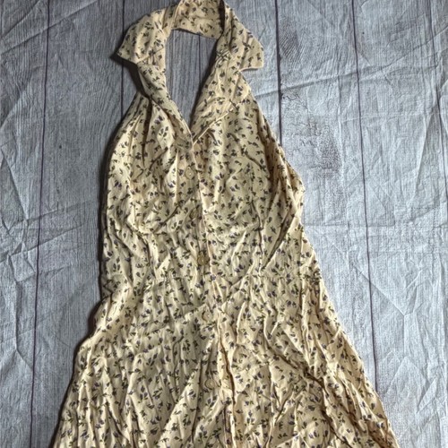 Vintage Style Cream Floral Halter Dress Button Front Collared Sun Dress Womens