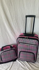 New Rockland Two Wheeled Carry On 20" Luggage Suitcase 2 PC Set Pink Plaids