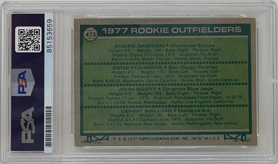 Andre Dawson Signed 1977 Topps Rookie Card Montreal Expos Chicago Cubs #473 PSA - Image 2 of 2