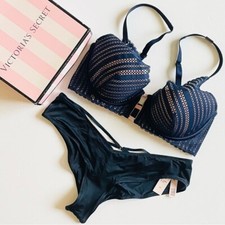 32DD SMALL Victoria  s Secret navy pushup bra set strappy cheeky panties