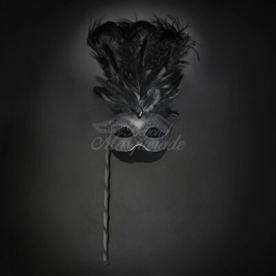 Handheld Stick Mask | Feather Masquerade Mask M6150 Black