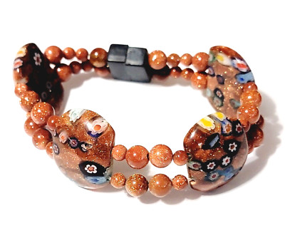 Vintage Goldstone Glass Bracelet 7'', Flowers Floral Rust Colorful sbr-62