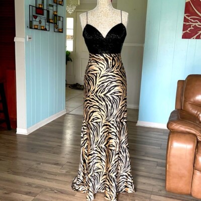 Gorgeous Tres Bien silk black beaded gold black leopard print maxi dress  size 4 | eBay