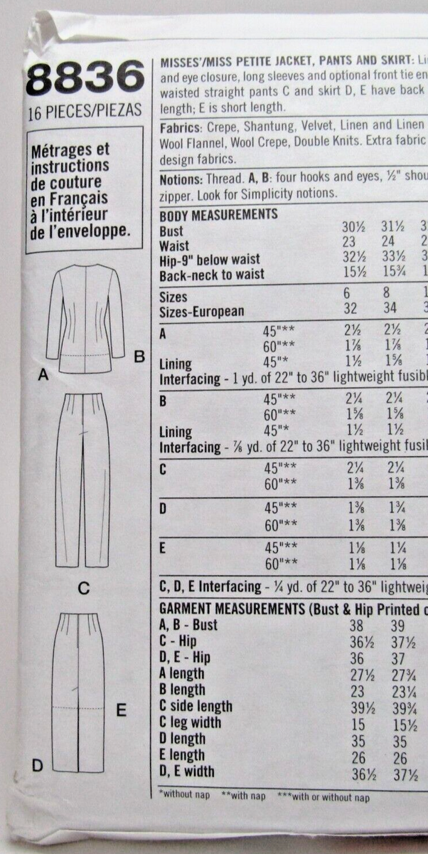 8836 Simplicity Sewing Patten Millennium Misses' Jacket, Pants