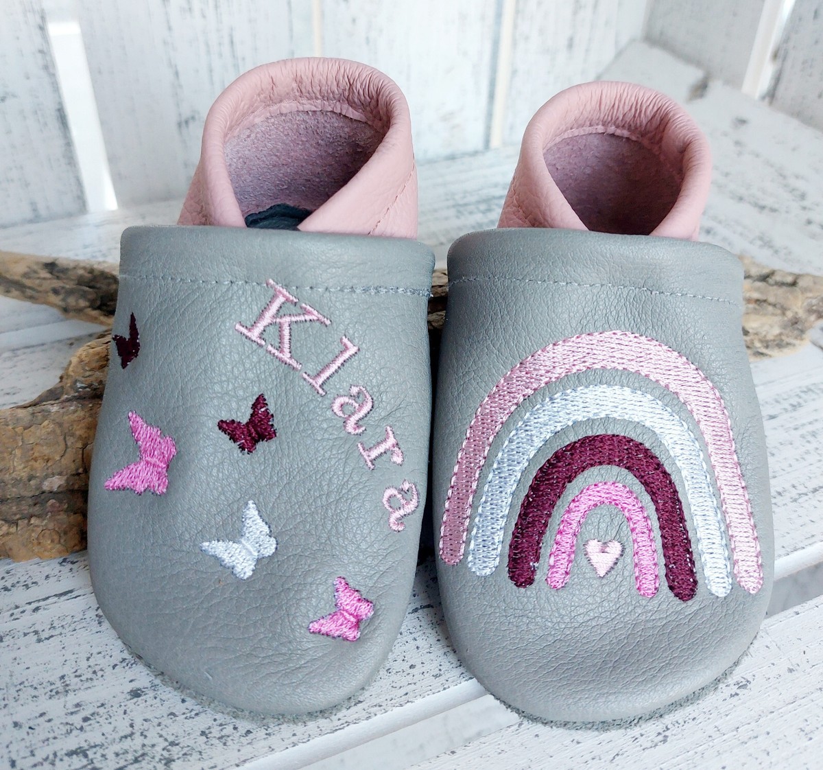 Lederpuschen Krabbelschuhe Leder Grau Bemesu Baby Krabbelschuhe