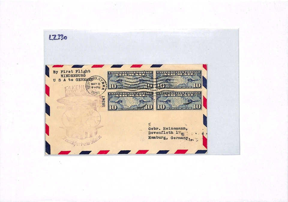 USA Cover HINDENBURG ZEPPELIN Air Mail 10c Block 1936 FIRST FLIGHT Hamburg LZ330 - Image 4 of 4