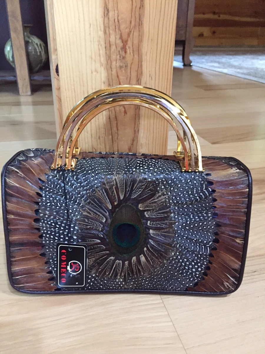 Comeco Vtg Boho Authentic Peacock Feather Satchel Crossbody Shoulder Bag Purse