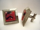 VINTAGE GROOVY MID-CENTURY MODERN CUFFLINKS SILVERTONE + RED FAUX MARBLE, LARGE! — photo 9