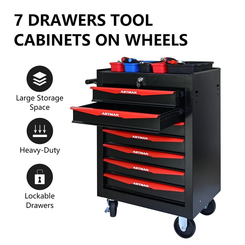 7 Drawers Rolling Tool Box Cart Tool Chest Tool Storage Cabinet w/ Lock & Key