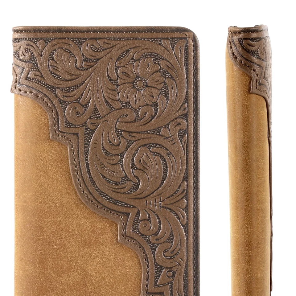 Embossed Floral Men's Bifold Long Wallet Faux Leather Cowboy Wallet Tan - Image 4 of 4