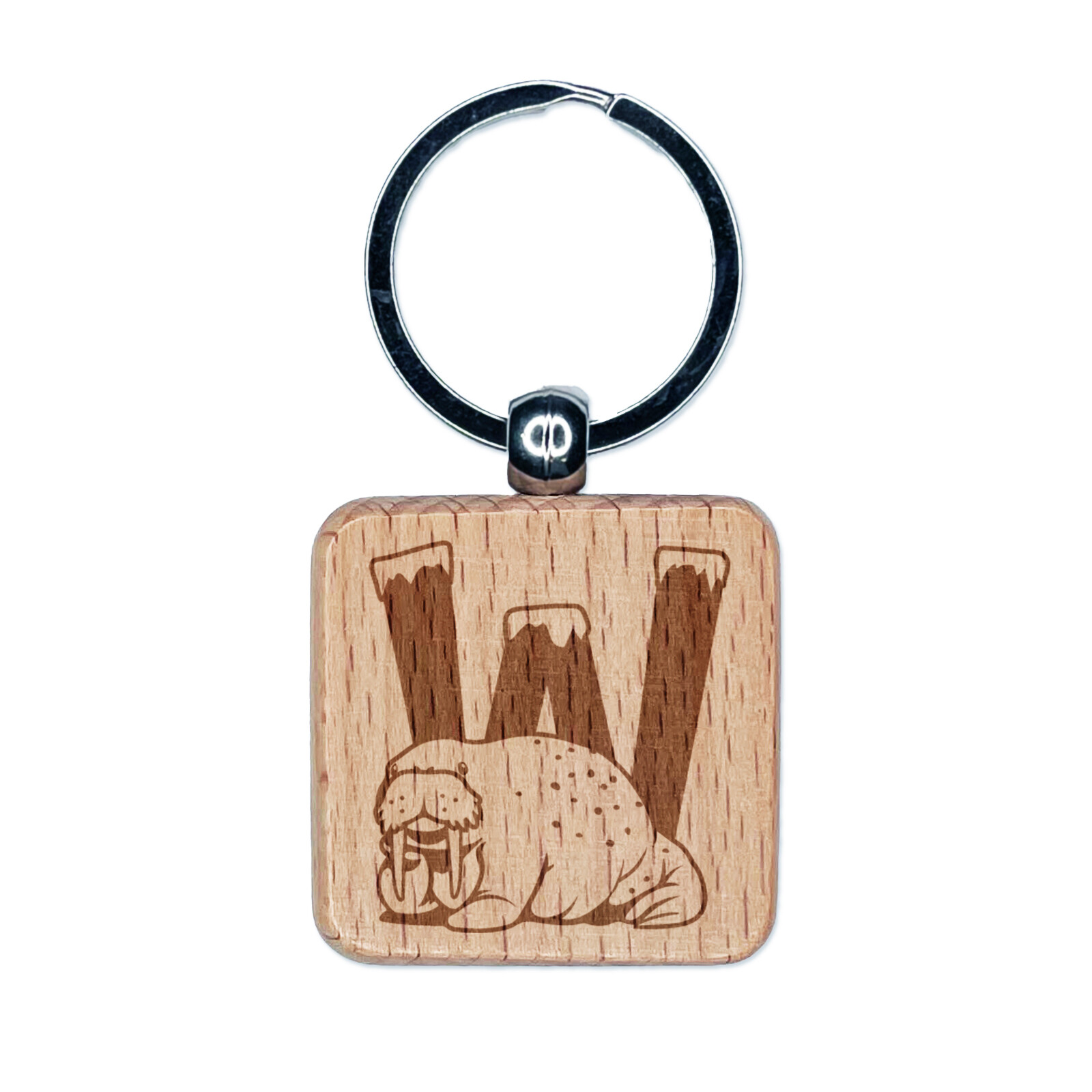 Animal Alphabet Letter W for Walrus Engraved Wood Square Keychain Tag Charm