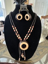 Artisanal, Woman,Necklace Set, round wooden earrings, wooden seed necklace. 