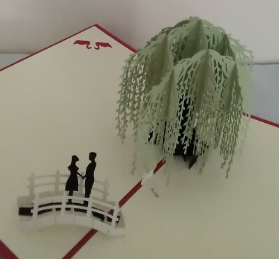 Couple on Bridge under Willowtree with Swan 3D Kirigami Pop-up Greeting Card