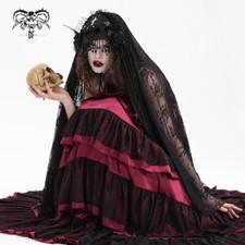 Devil Fashion Bridal Floral Patterned Lace Beaded Headband Veil Black Gothic