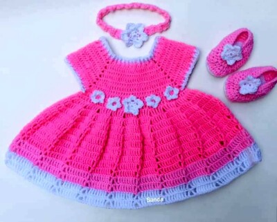 Handmade Pink Crochet Baby Dress Set with Shoes Hair band Girls Customized Size