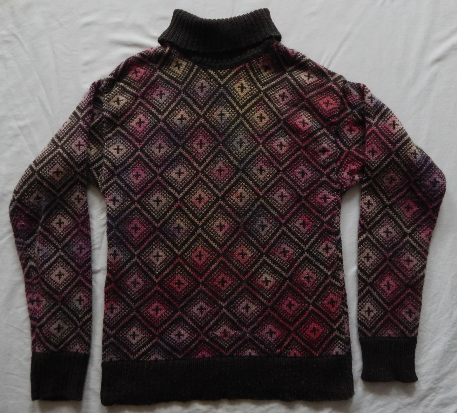 Wool Tie Dye Geometric Red Brown Turtleneck Sweater - Medium Mens Hand Made