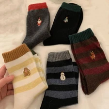 6 Pairs Wool Crew Warm Striped Thick Cartoon Fuzzy Women Boots Fashion Socks 5-9